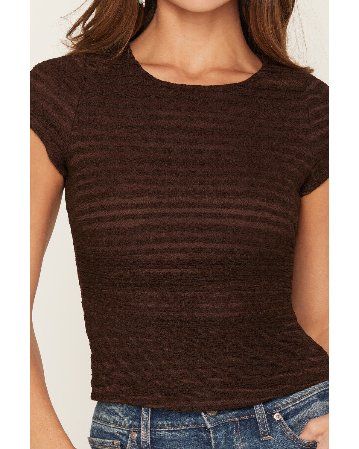 Image #3 - Trixxi Women's Lace Short Sleeve Tee, Brown, hi-res