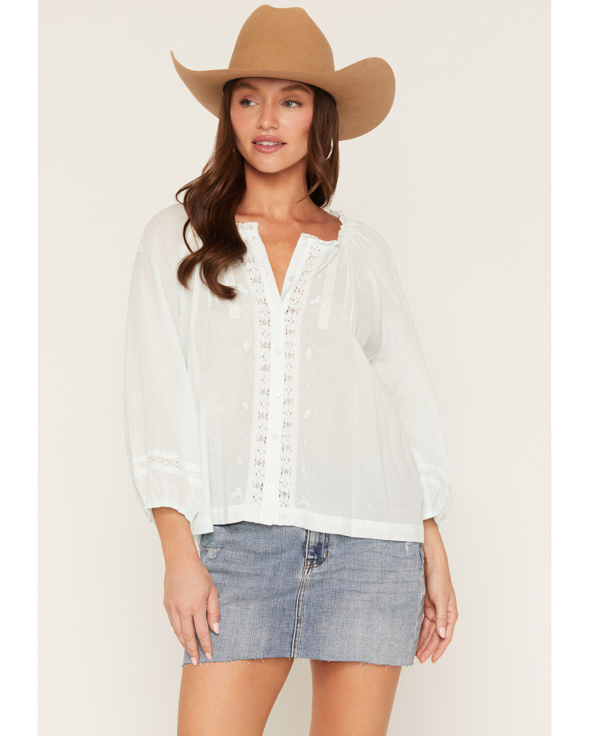 Lovestitch Women's Lace Long Sleeve Button-Down Shirt, Mint, hi-res