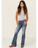 Image #1 - Miss Me Girls' Medium Wash Crisscross Faux Flap Pocket Bootcut Stretch Denim Jeans, Blue, hi-res