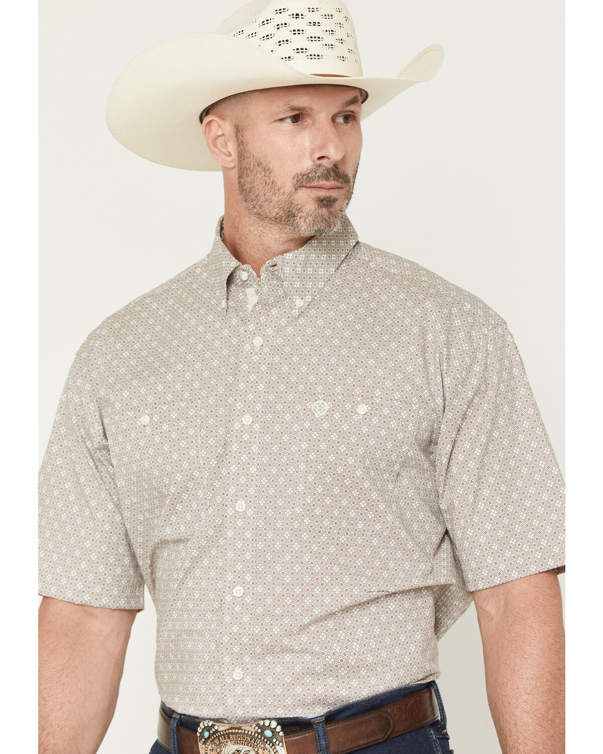 Image #2 - George Strait by Wrangler Men's Floral Geo Print Short Sleeve Button-Down Stretch Western Shirt, Brown, hi-res