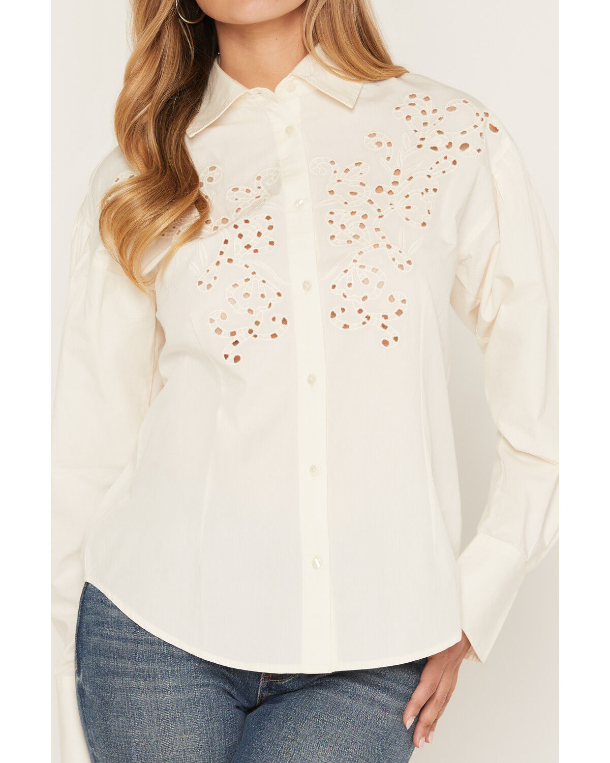 Image #3 - Shyanne Women's Clover Embroidered Cutout Balloon Sleeve Top, Natural, hi-res
