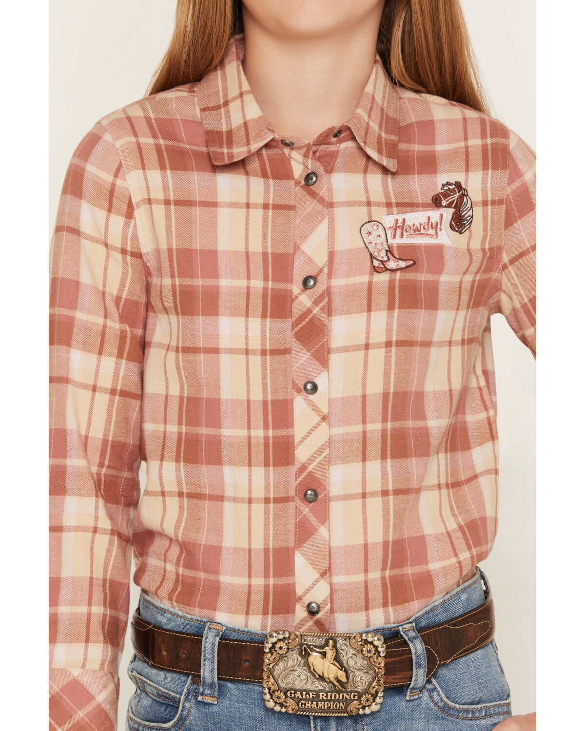 Image #3 - Shyanne Girls' Blair Plaid Print Embroidered Long Sleeve Snap Flannel Shirt, Rose, hi-res