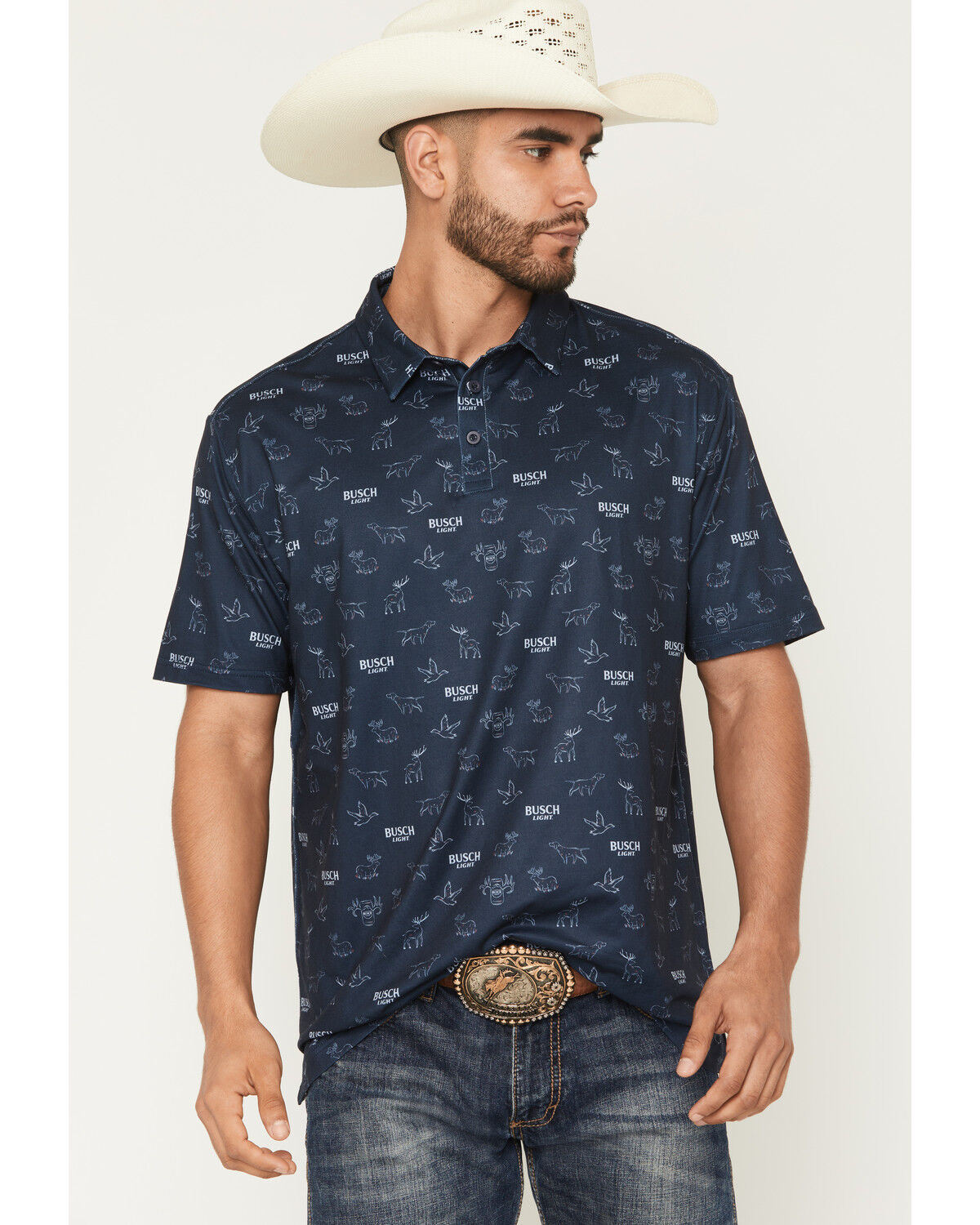 Buckwear Men's Busch Light Repeat Short Sleeve Polo, Navy, hi-res