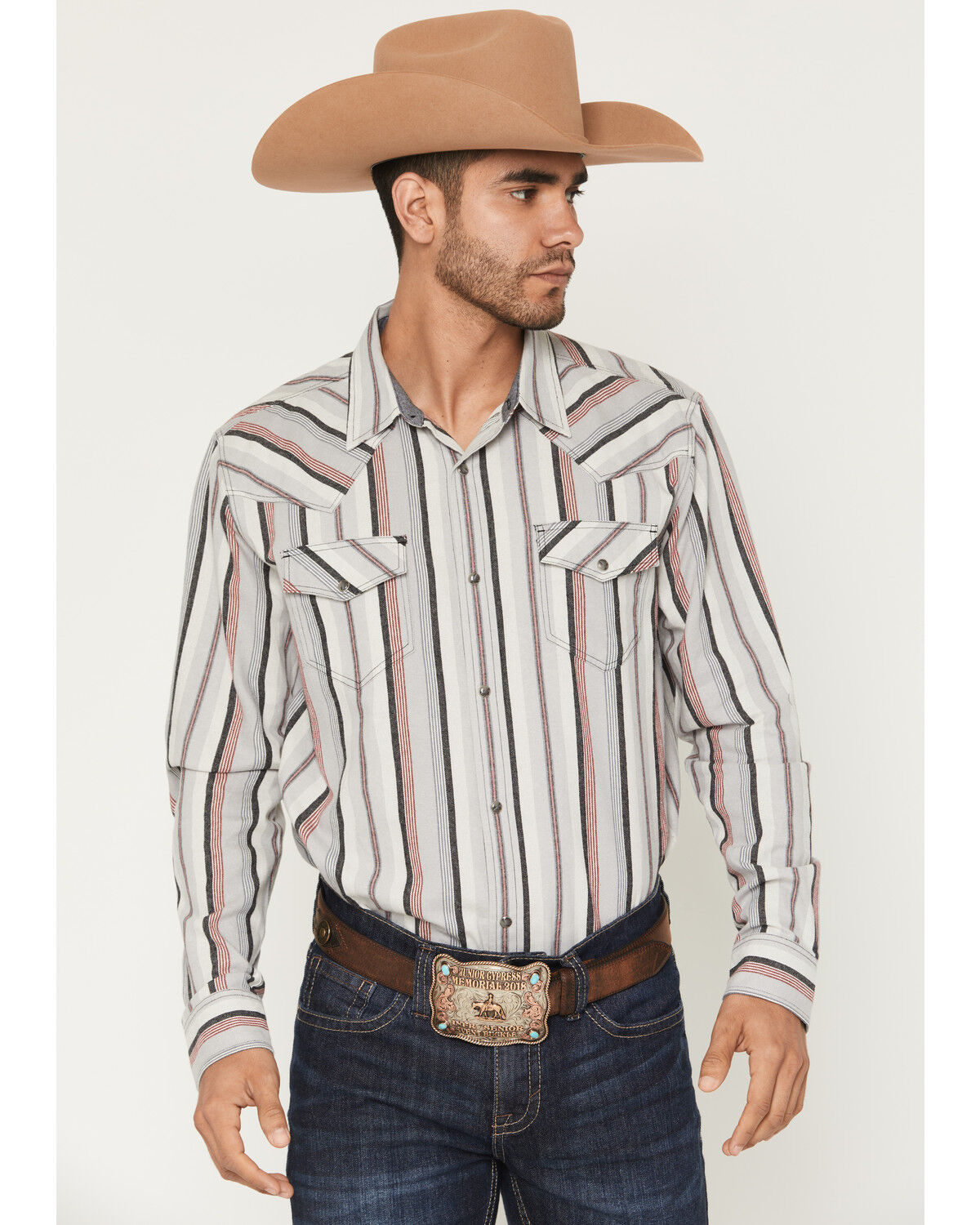 Image #1 - Cody James Men's Saddle Ridge Striped Print Long Sleeve Snap Western Shirt - Big, Grey, hi-res