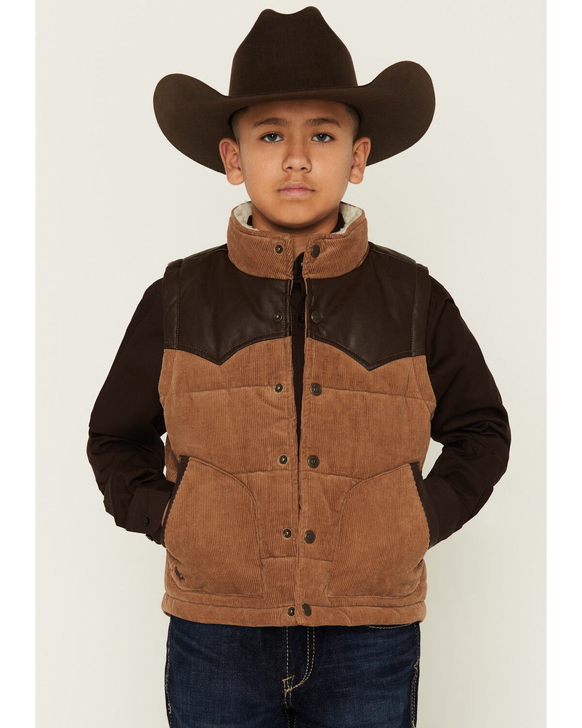 Cody James Boys' Lonoke Corduroy Faux Leather Vest, Tan, hi-res
