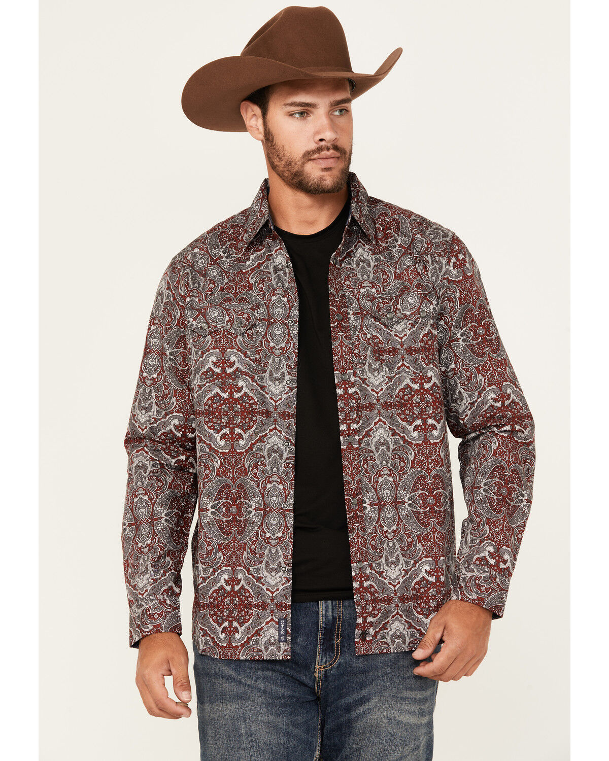 Image #1 - Moonshine Spirit&reg; Men's Manhattan Paisley Print Long Sleeve Snap Western Shirt, Burgundy, hi-res