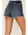 Image #4 - Cleo + Wolf Women's High Rise Dark Wash Frayed Denim Shorts, Blue, hi-res