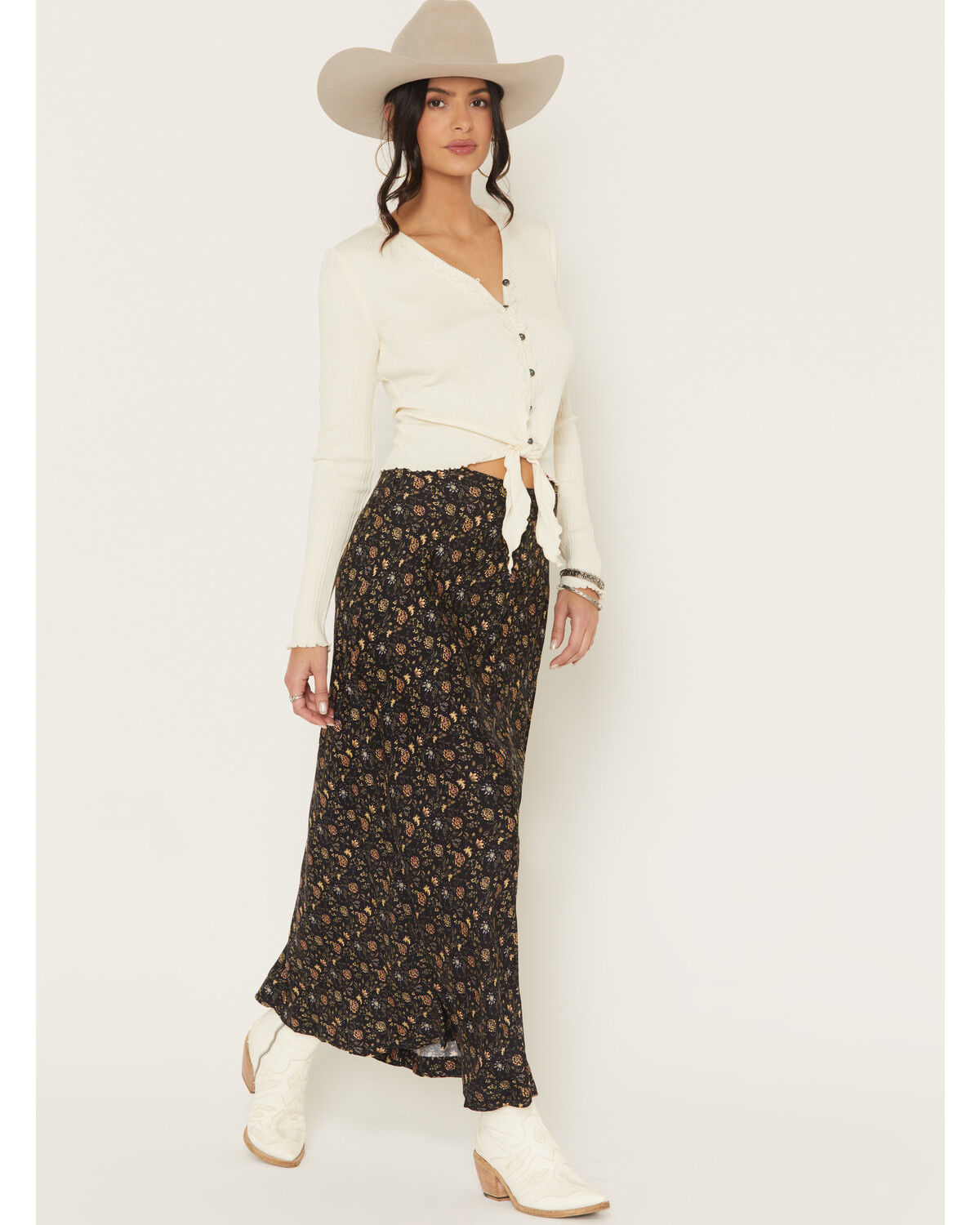 Sendero Provisions Women's Pearla Floral Print Midi Skirt, Black, hi-res