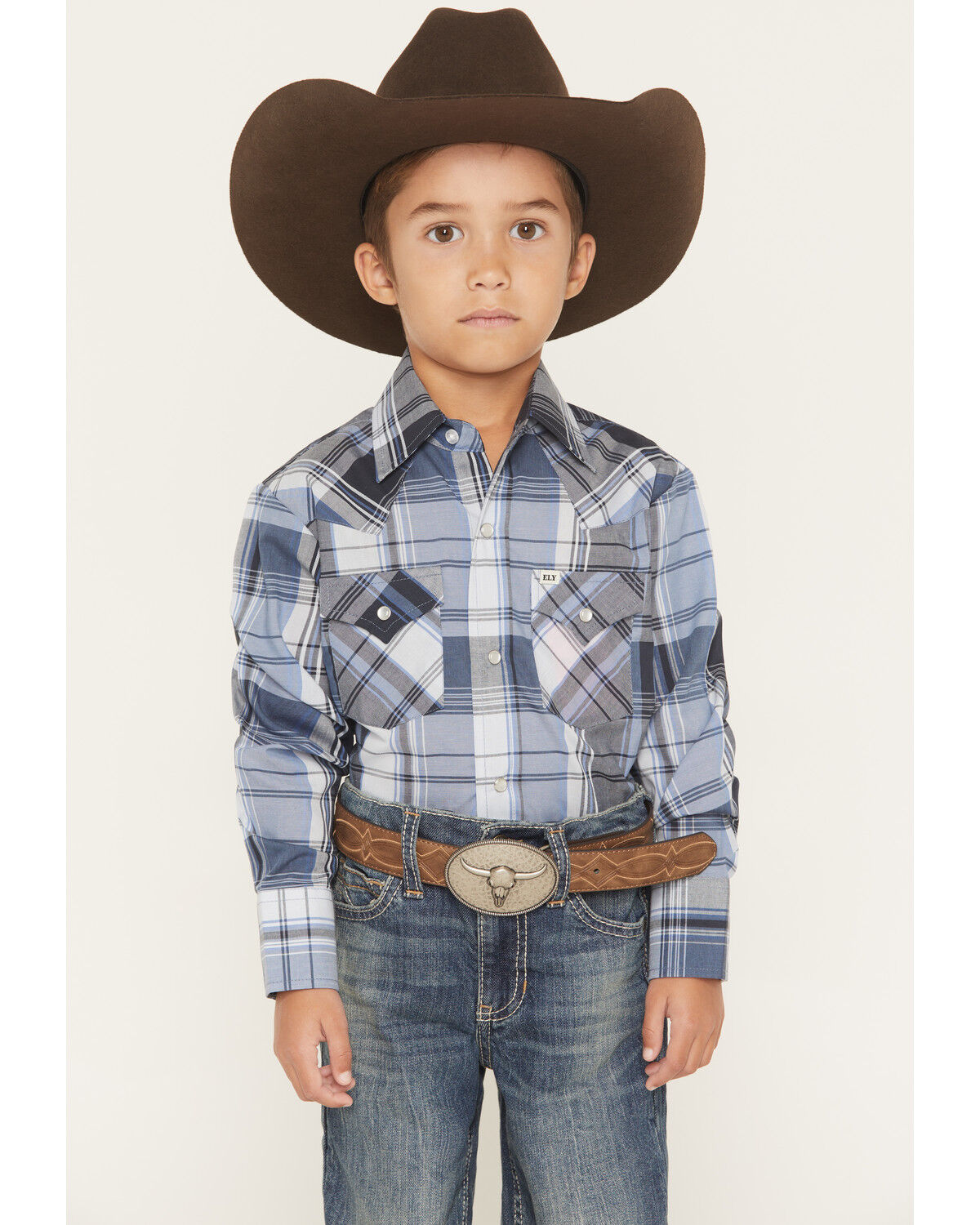 Ely Walker Boys' Plaid Print Long Sleeve Pearl Snap Western Shirt, Blue, hi-res