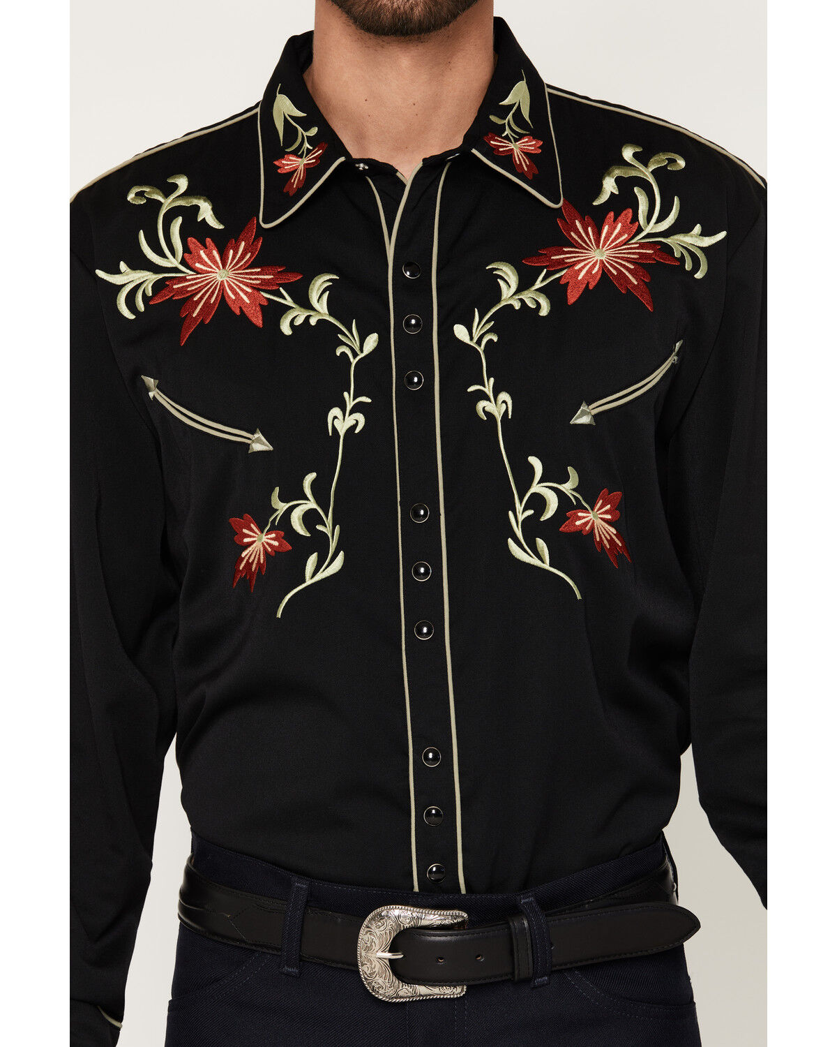 Image #3 - Scully Men's Floral Embroidered Vintage Long Sleeve Snap Western Shirt, Black, hi-res