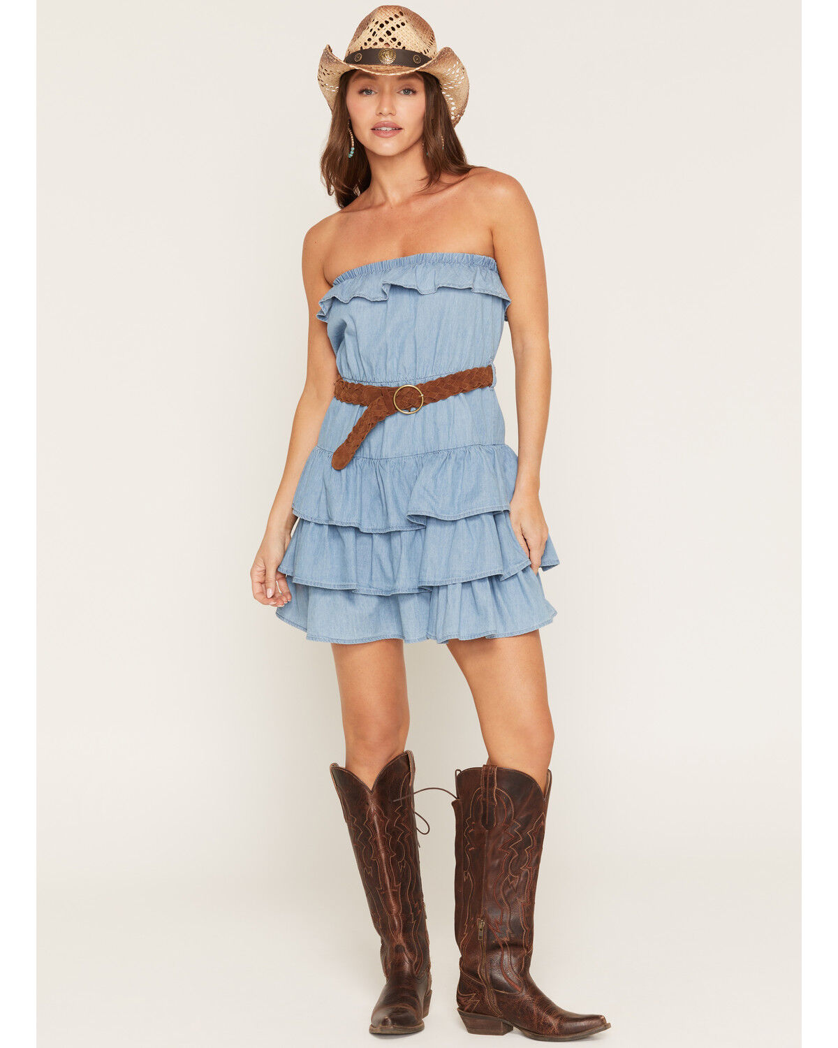 Image #1 - Boom Boom Jeans Women's Light Wash Strapless Tiered Belted Denim Mini Dress, Light Wash, hi-res