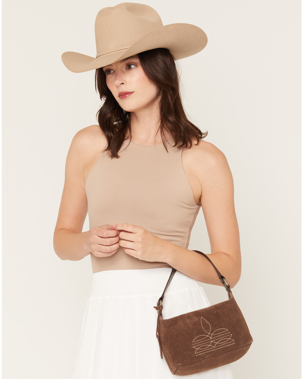Shyanne Women's Boot Stitch Embroidered Suede Mini Shoulder Bag, Chocolate, hi-res