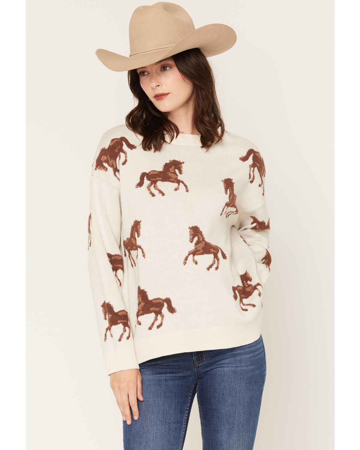 Image #1 - Originality Women's Horse Knit Tunic Sweater, Cream, hi-res