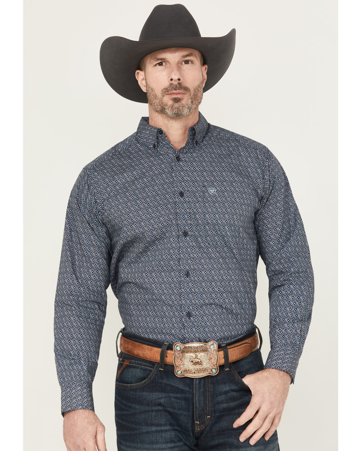 Ariat Men's Colson Geo Print Long Sleeve Button-Down Western Shirt, Navy, hi-res