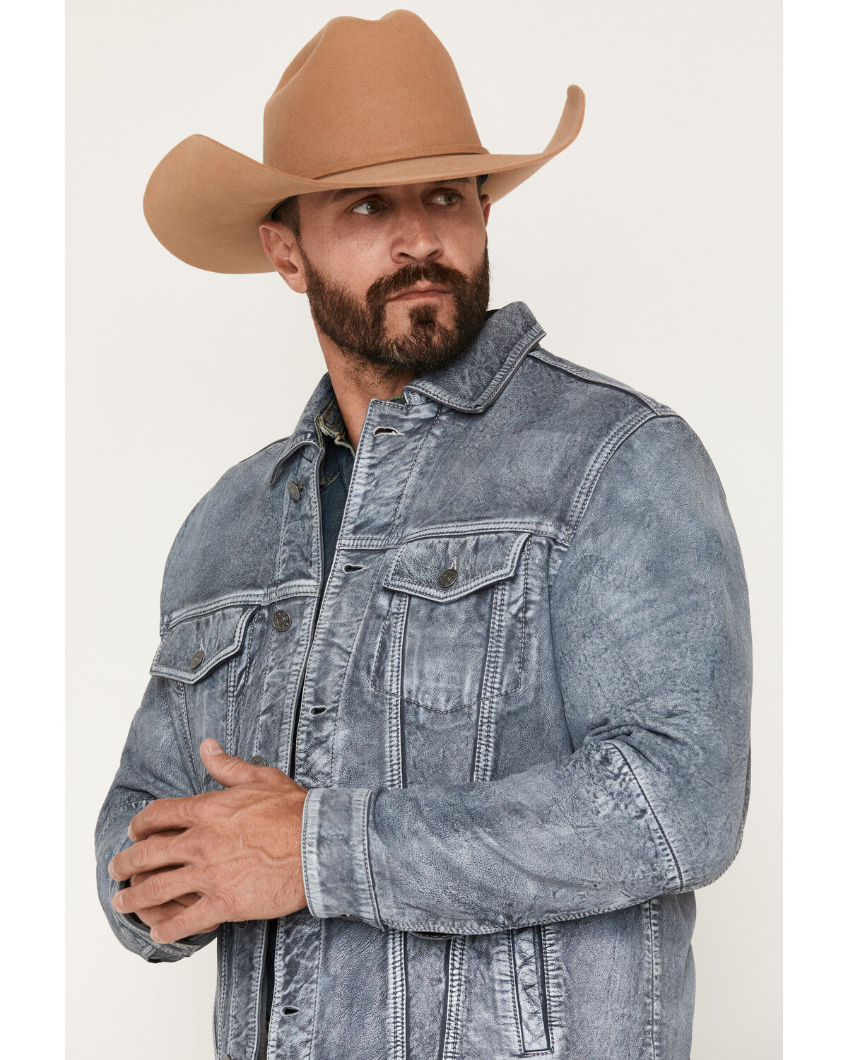 Image #2 - Scully Men's Distressed Leather Button-Down Trucker Jacket, Slate, hi-res