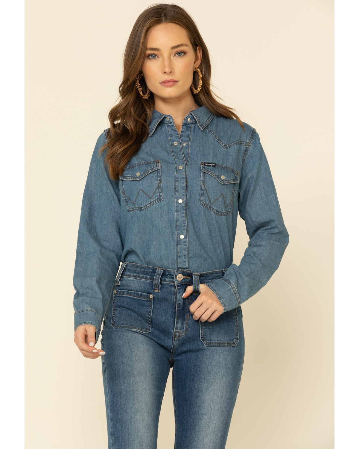 Image #1 - Wrangler Women's Medium Denim Snap Long Sleeve Western Shirt, Blue, hi-res