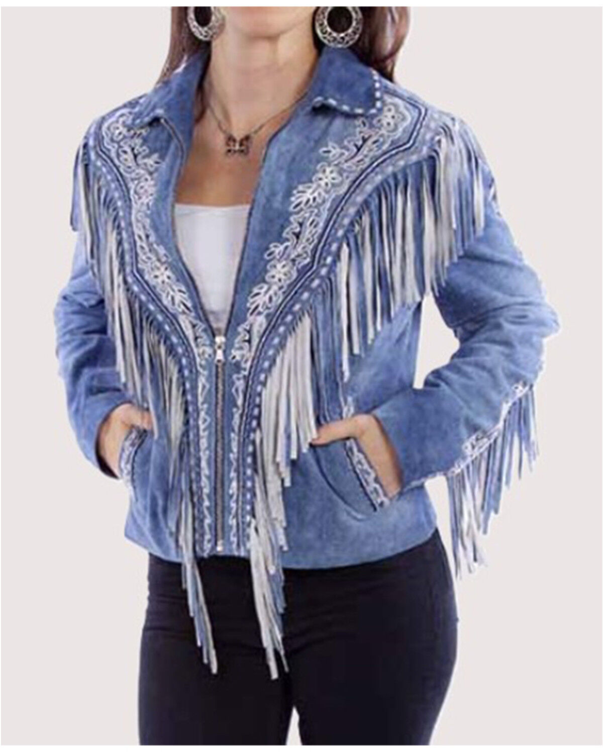 Image #1 - Scully Women's Embroidered Fringe Suede Jacket, Blue, hi-res