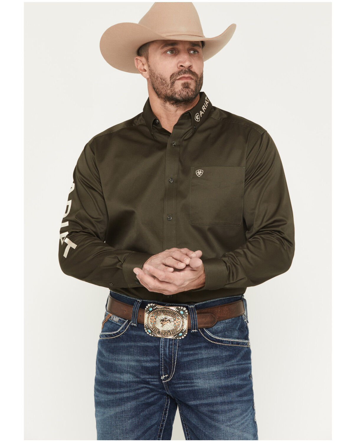 Image #1 - Ariat Men's Logo Solid Twill Long Sleeve Button-Down Western Shirt - Tall, Olive, hi-res