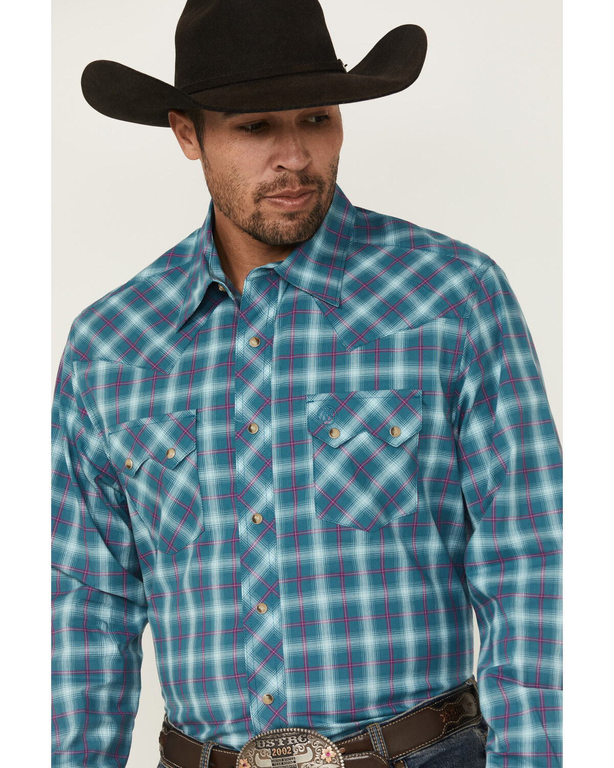 Image #2 - Wrangler Retro Men's Plaid Print Long Sleeve Snap Western Shirt, Turquoise, hi-res