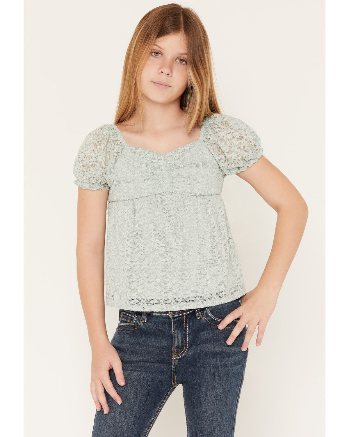 Image #1 - Sugar California Girls' Lace Short Puff Sleeve Shirt, Sage, hi-res