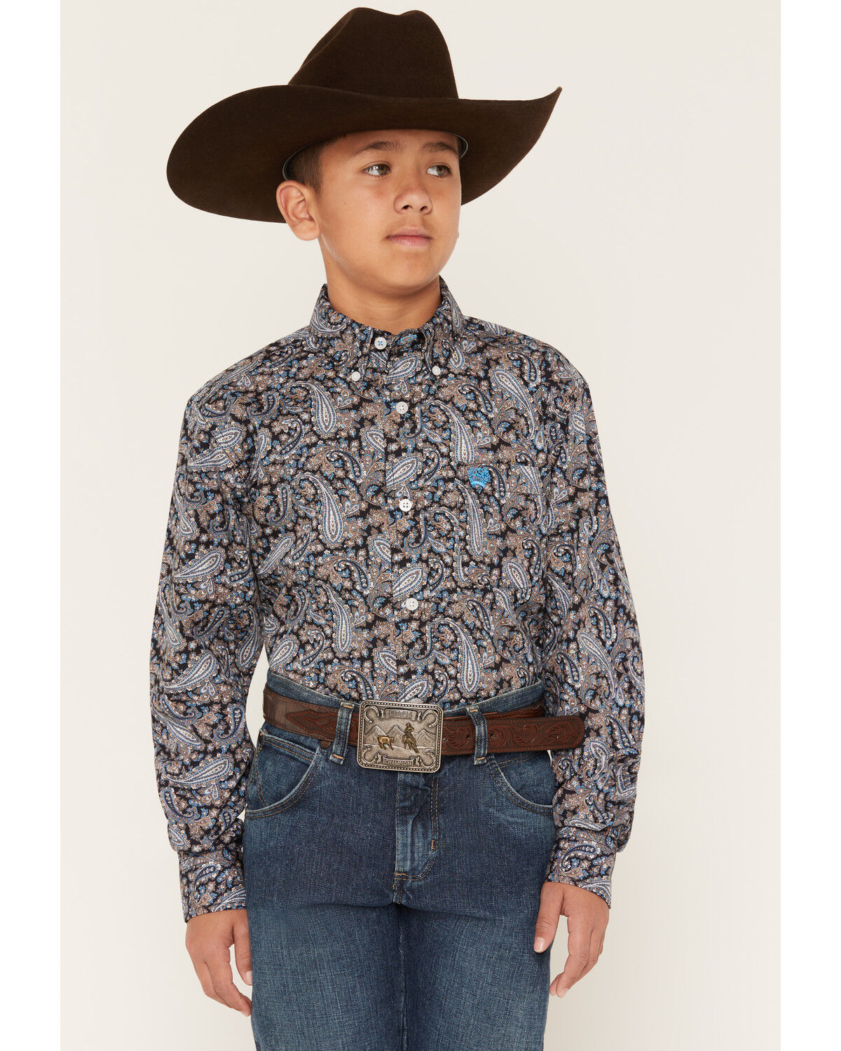 Cinch Boys' Paisley Print Long Sleeve Button-Down Western Shirt, Multi, hi-res
