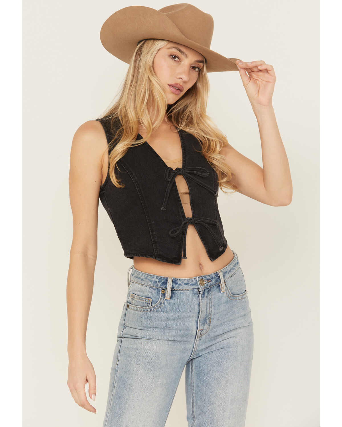 26 International Women's Bow Tie Denim Vest, Black, hi-res