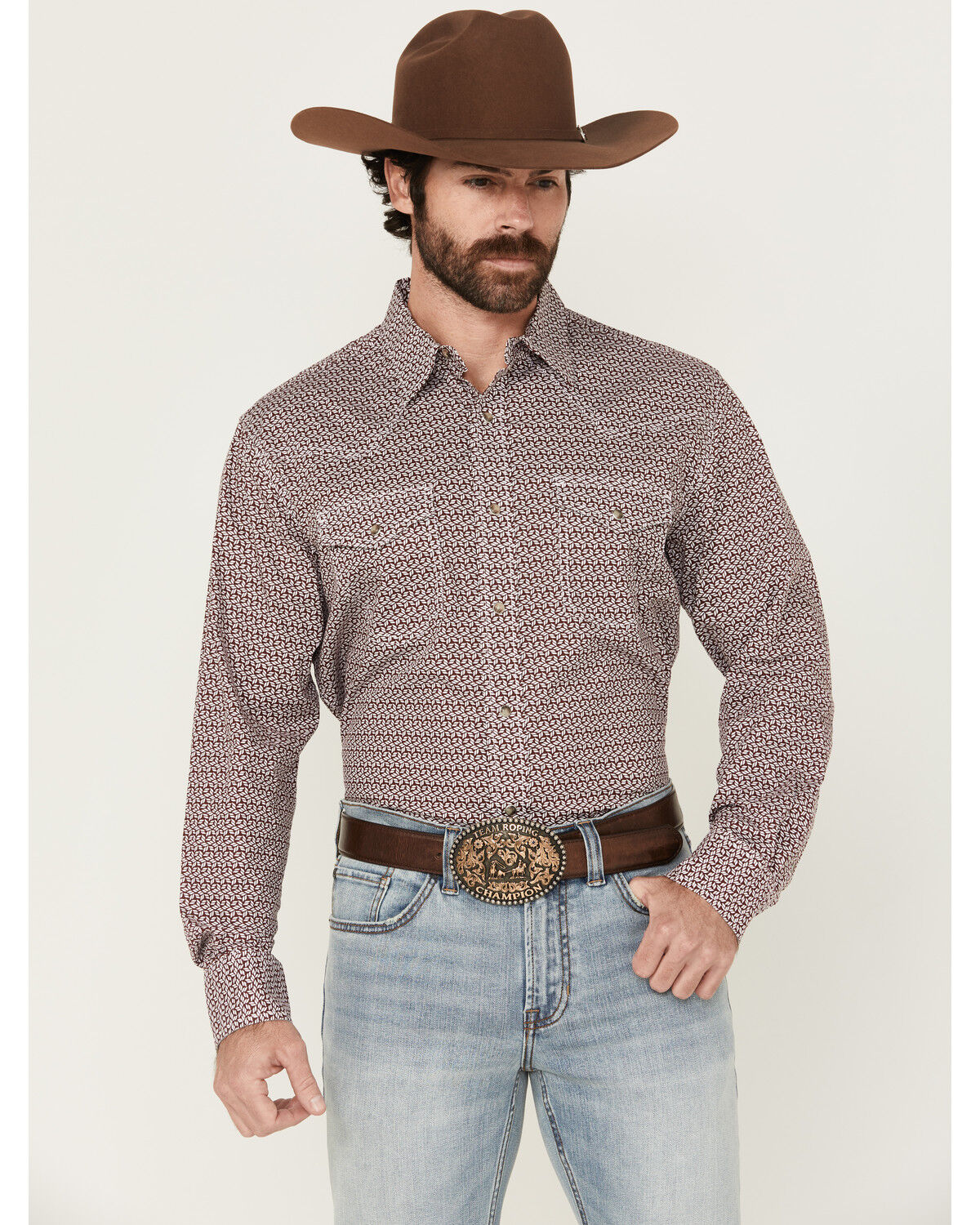 Image #1 - Wrangler Men's 20x Geo Print Long Sleeve Snap Stretch Western Shirt, Wine, hi-res