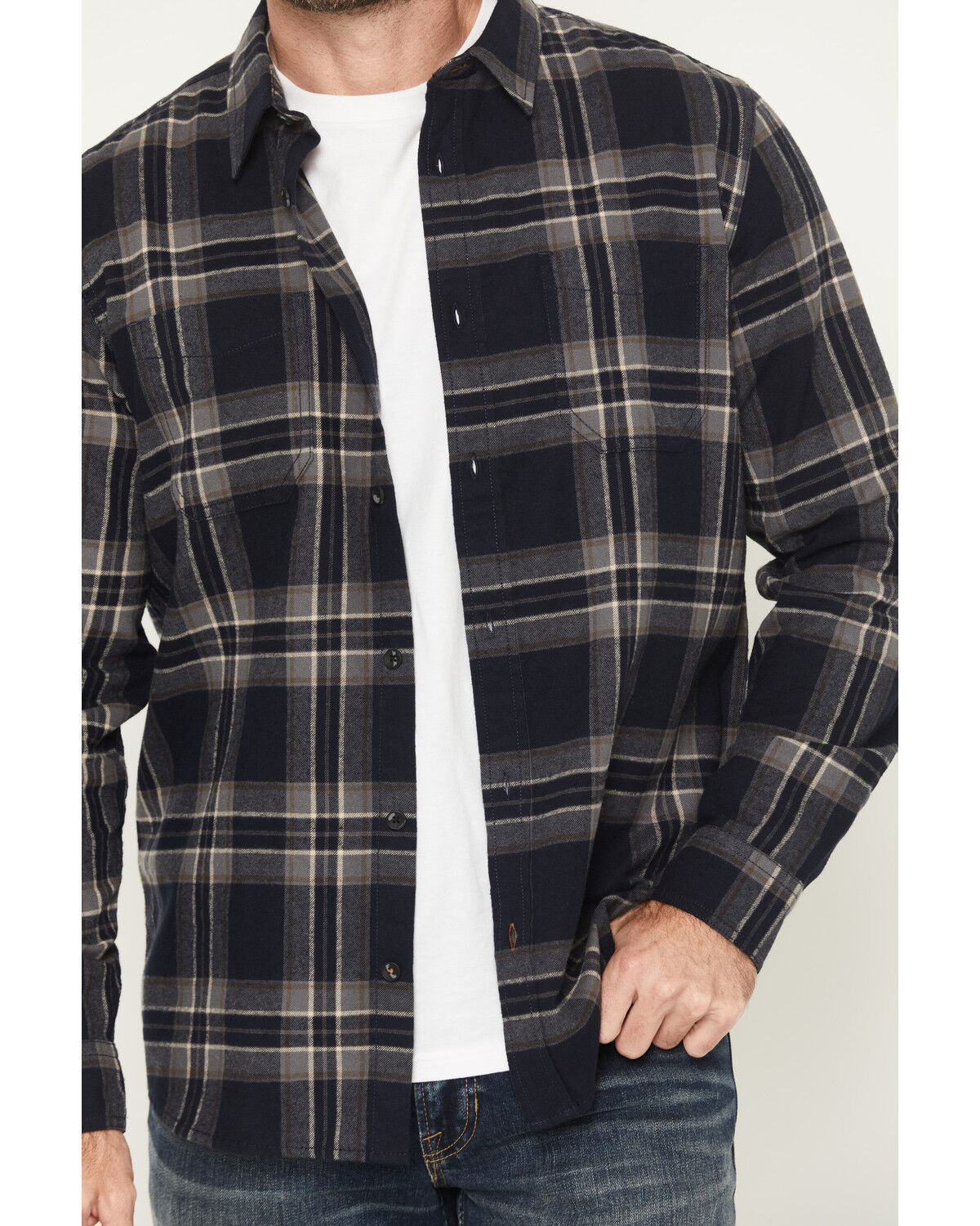 Image #3 - Brothers and Sons Men's Blue Light Plaid Print Long Sleeve Button-Down Flannel Shirt, Navy, hi-res