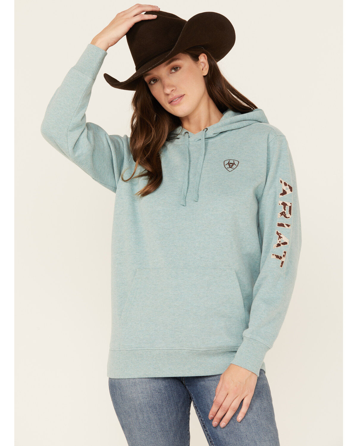 Ariat Women's Boot Barn Exclusive Cow Print Embroidered Logo Hoodie, Blue, hi-res