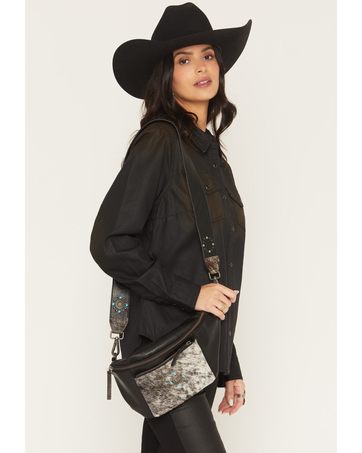 Shyanne Women's Winslow Hairon Concho Sling Bag, Black, hi-res