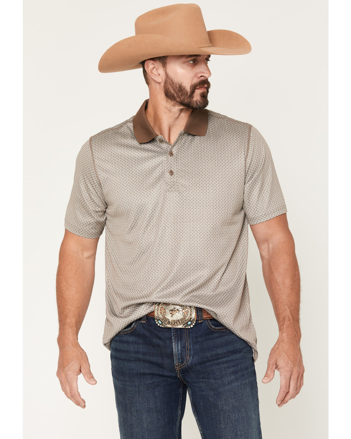 Image #1 - RANK 45&reg; Men's Urban Rancher Geo Print Short Sleeve Button-Down Polo Shirt, Brown, hi-res