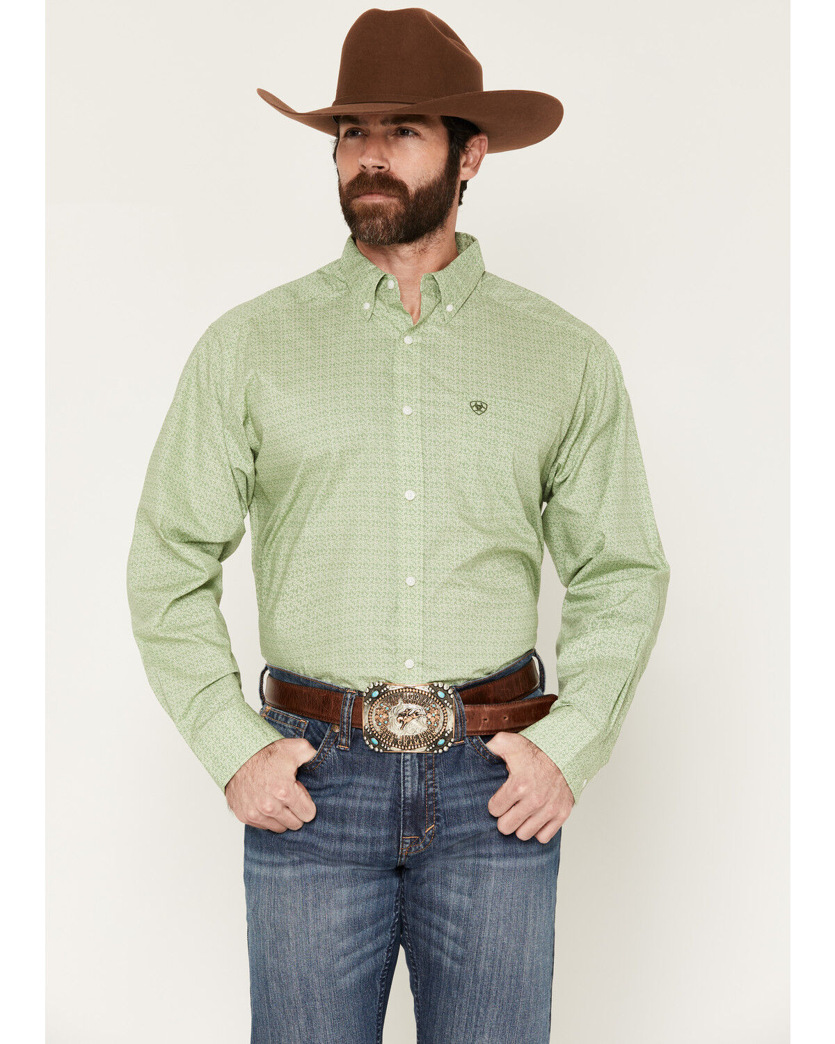 Ariat Men's Smitty Abstract Print Long Sleeve Button-Down Western Shirt, Green, hi-res