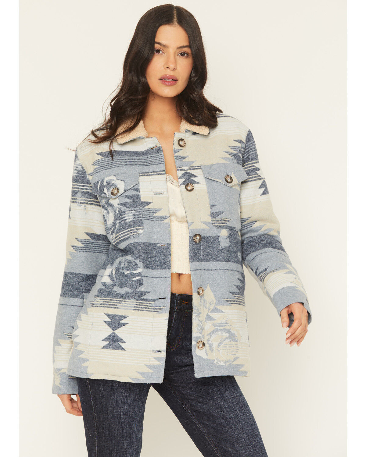 Idyllwind Women's Bluerose Southwestern Floral Print Sherpa Lined Jacket, Light Blue, hi-res