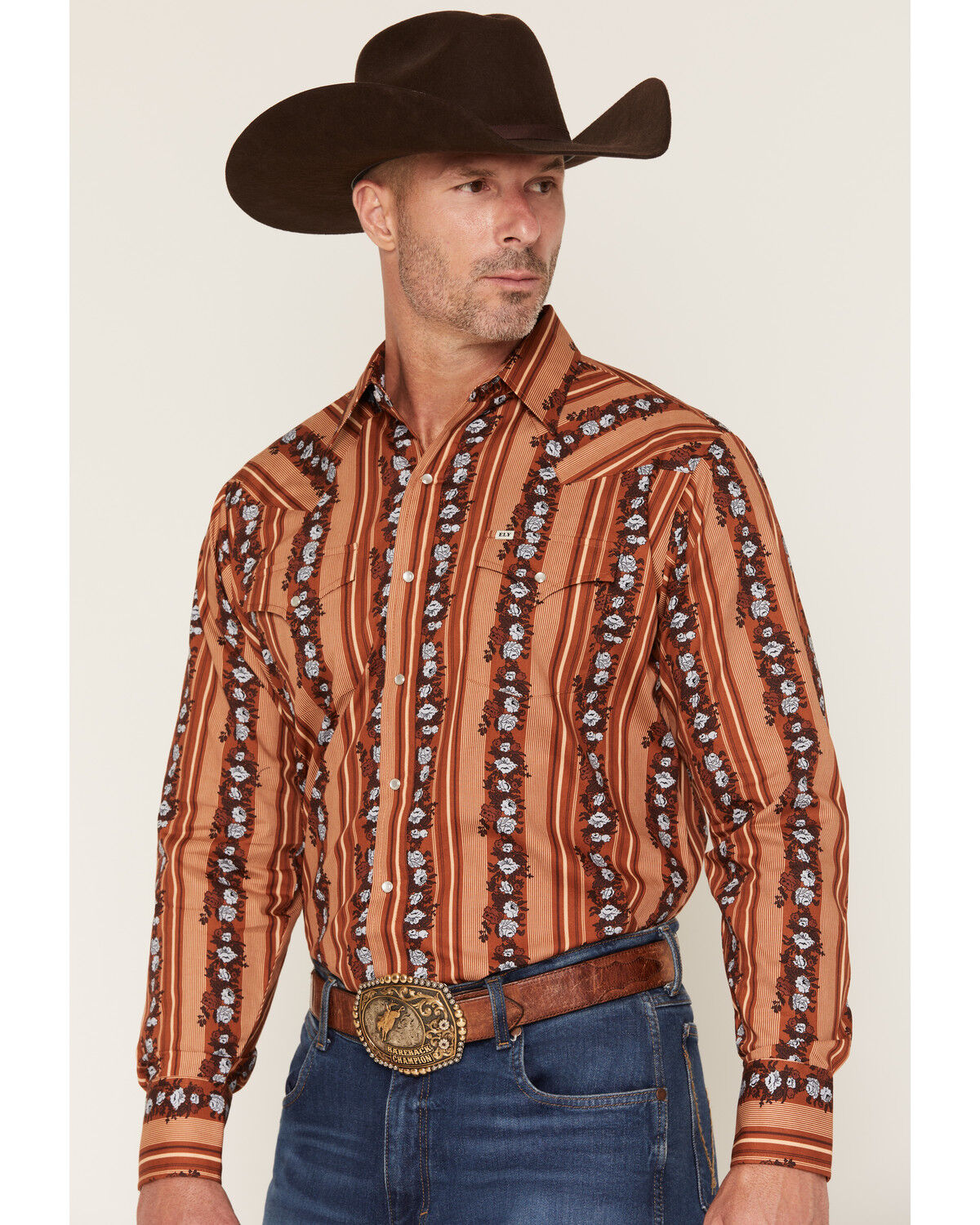 Image #2 - Ely Walker Men's Wallpaper Floral Print Long Sleeve Pearl Snap Western Shirt, Rust Copper, hi-res
