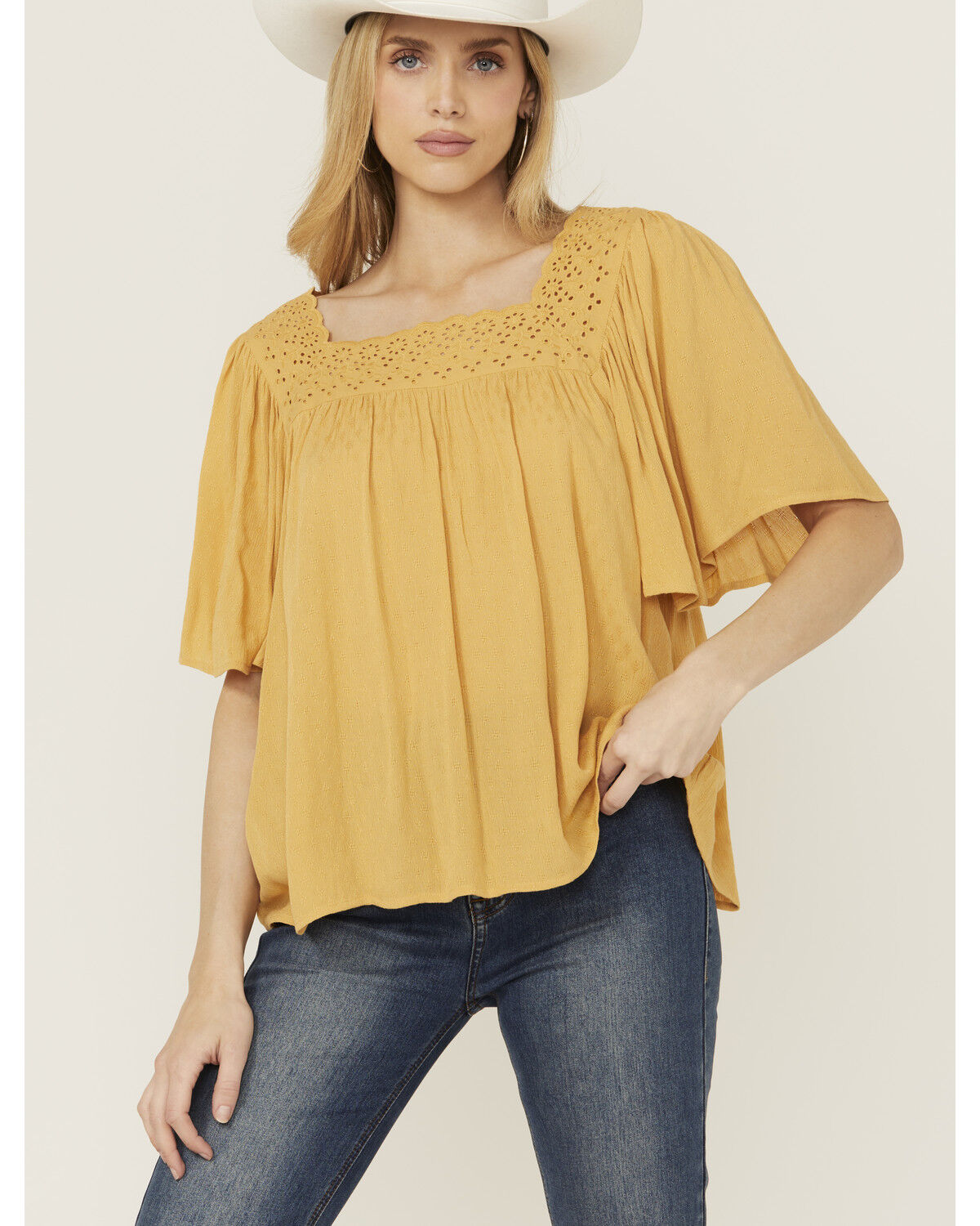 Band Of The Free Women's Solid Short Sleeve Ruffle Blouse, Peach, hi-res