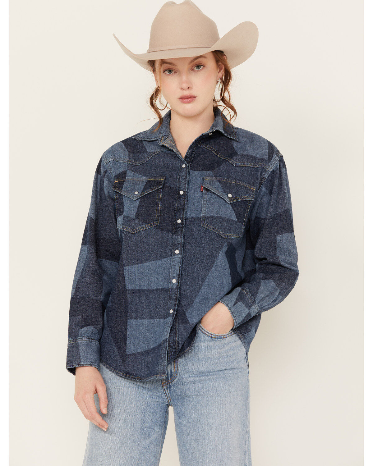 Levi's Women's Dylan Oversized Western Patchwork Print Long Sleeve Pearl Snap Shirt, Blue, hi-res