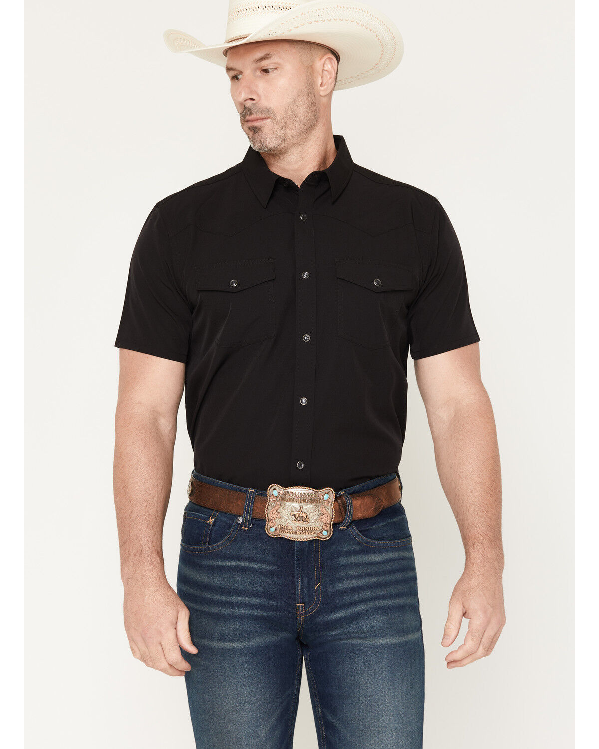 RANK 45&reg; Men's Ridge Solid Rodeo Tech 2.0 Short Sleeve Snap Western Shirt, Black, hi-res