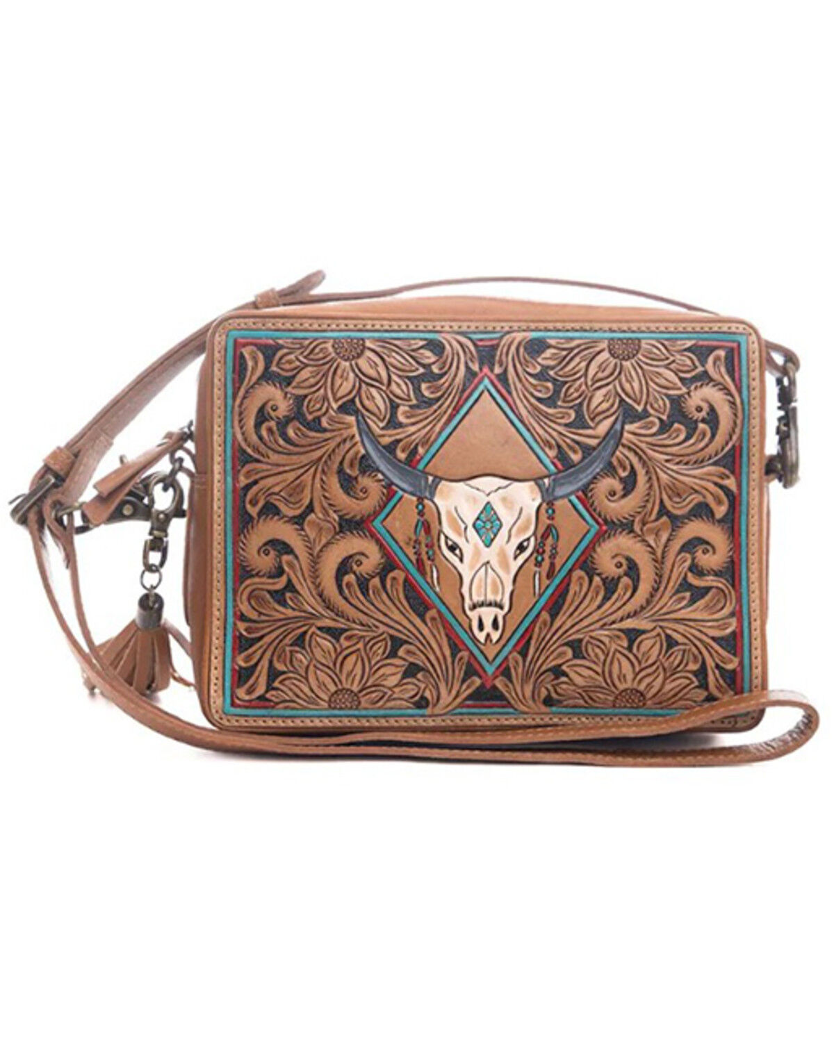 Myra Bag Women's Age Of The Steer Hand Tooled Crossbody Bag, Brown, hi-res