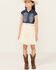 Image #1 - Sugar California Girls' Belted Denim Lace Dress , Cream, hi-res