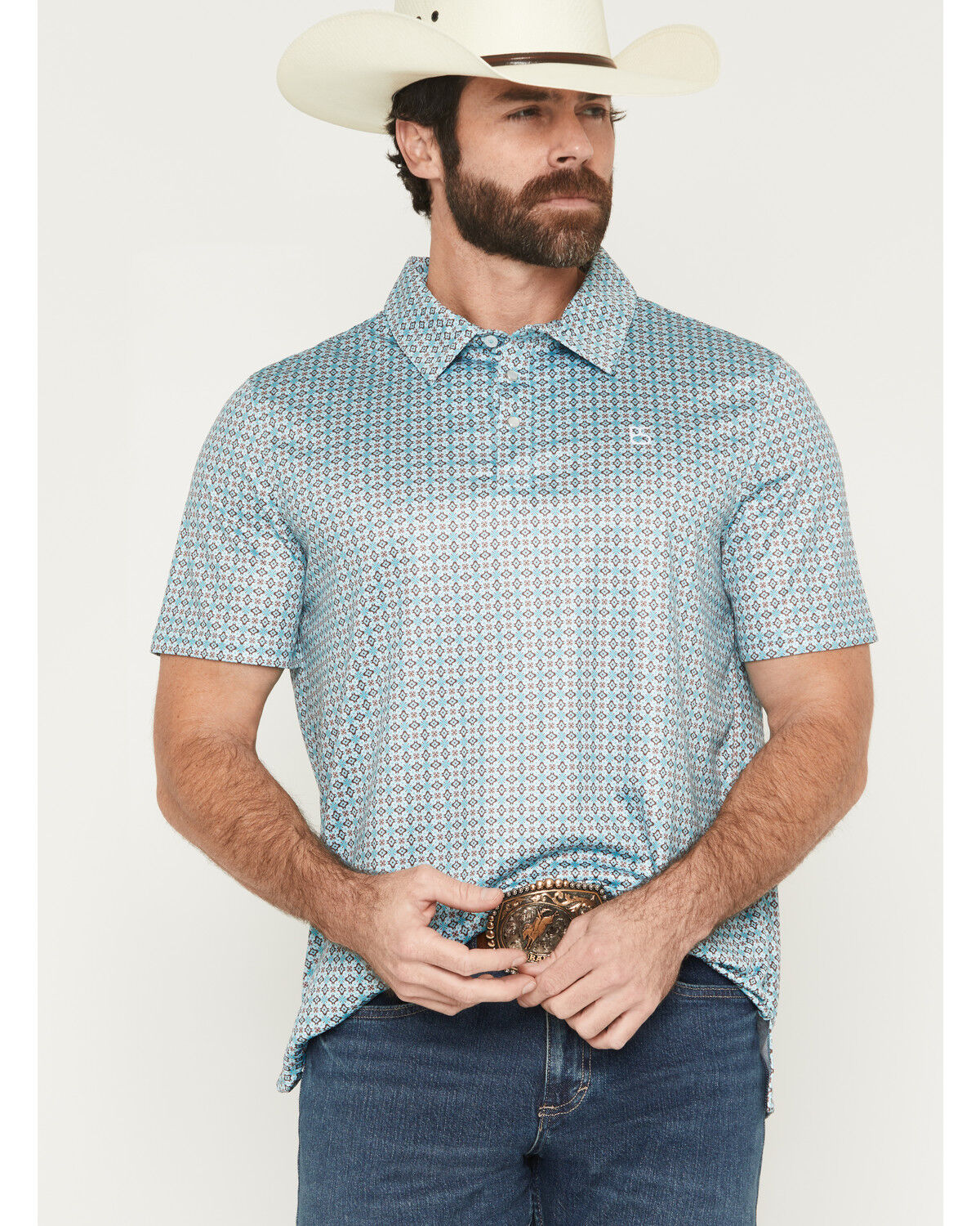 Image #1 - Panhandle Slim Men's Medallion Print Short Sleeve Snap Performance Polo Shirt, Turquoise, hi-res