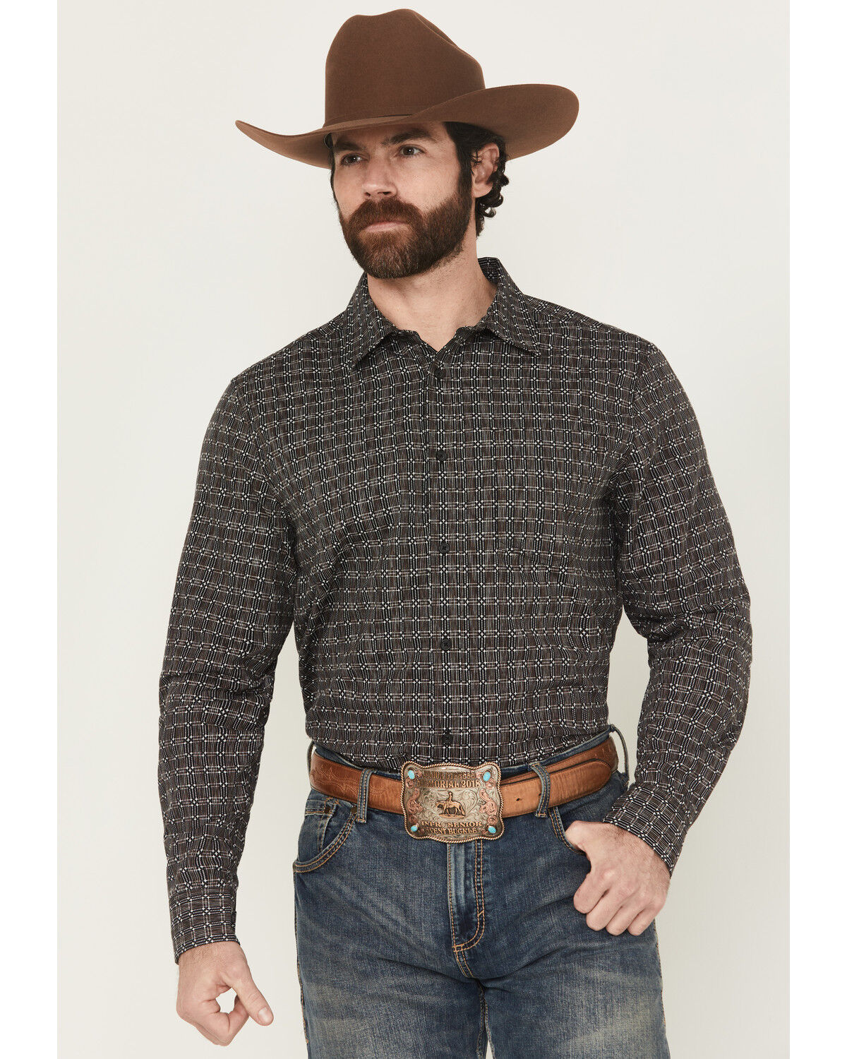Image #1 - Gibson Trading Co Men's Bug Out Plaid Print Long Sleeve Button-Down Stretch Western Shirt - Tall, Black, hi-res