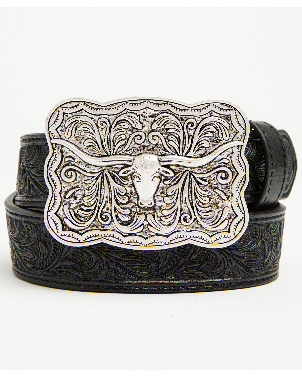 Cody James Boys' Huck Tooled Buckle Belt, Black, hi-res