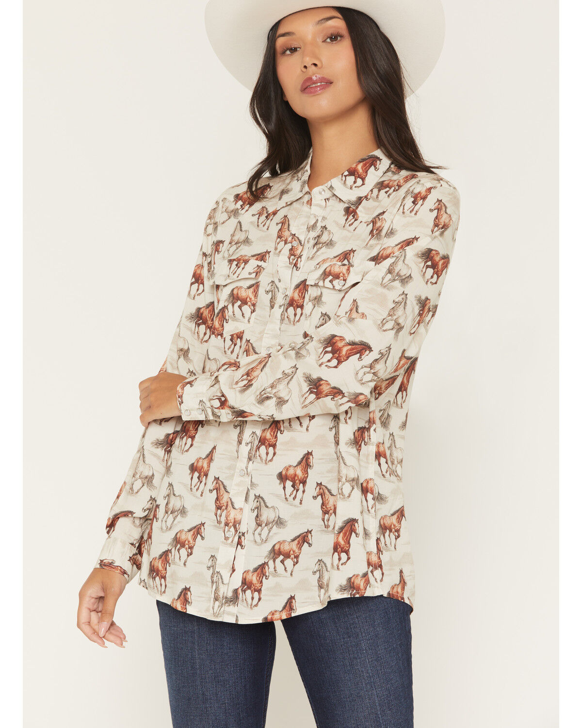 Panhandle Slim Women's Running Horse Long Sleeve Snap Western Shirt, Beige, hi-res