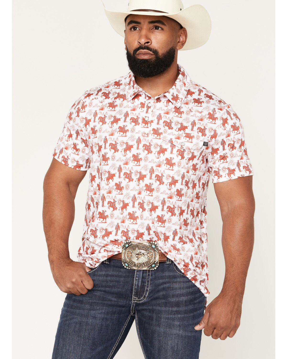Rock & Roll Denim Men's Game Day Short Sleeve Snap Polo, White, hi-res