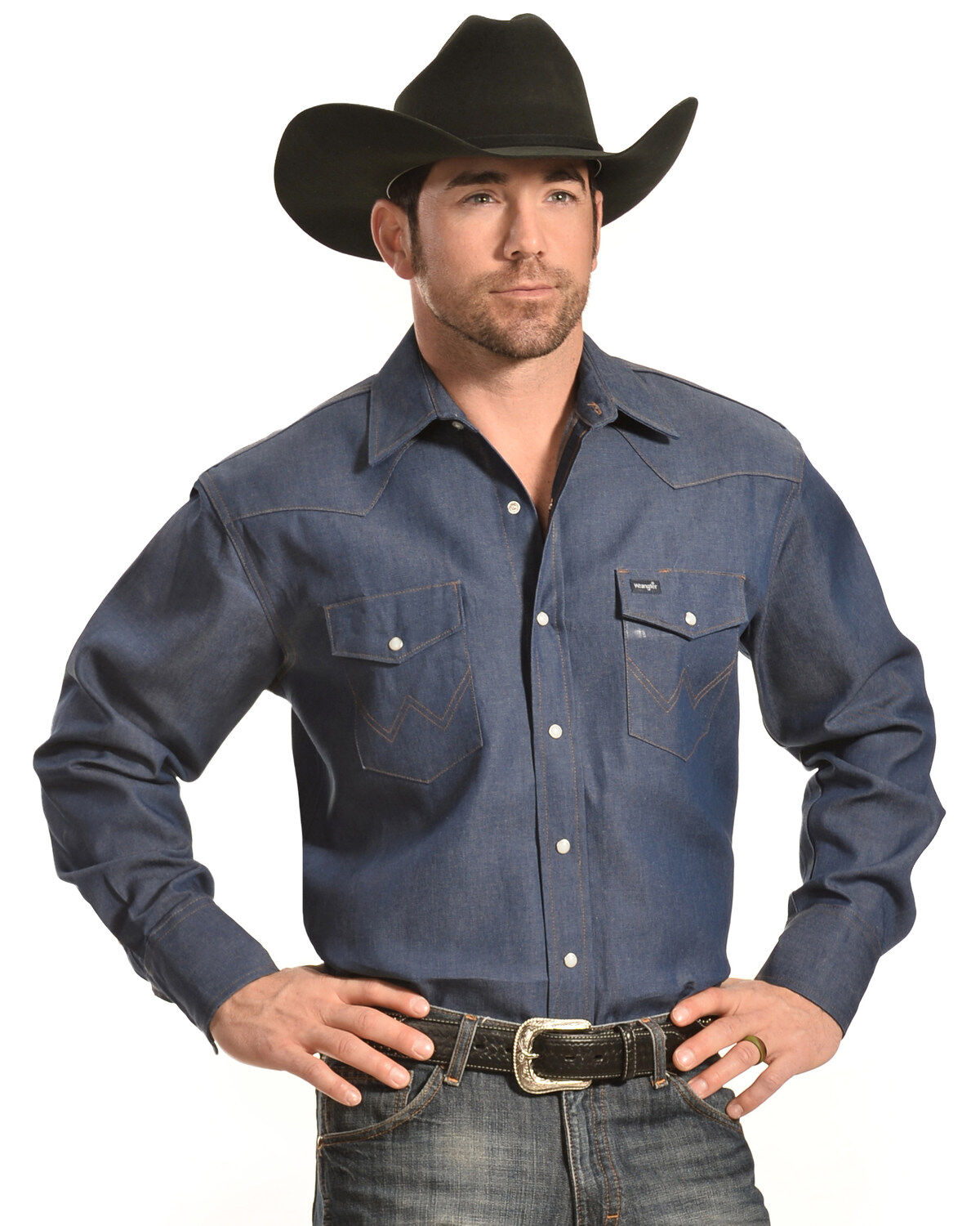 Image #2 - Wrangler Men's Denim Long Sleeve Work Shirt, Indigo, hi-res