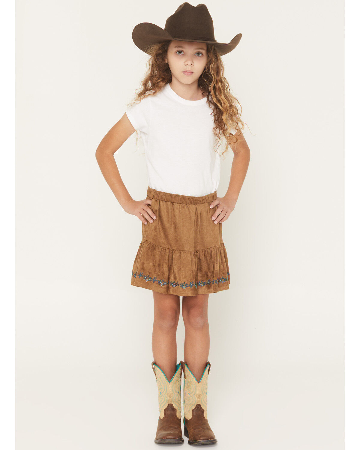 Shyanne Girls' Faux Suede Tiered Skirt, Coffee, hi-res