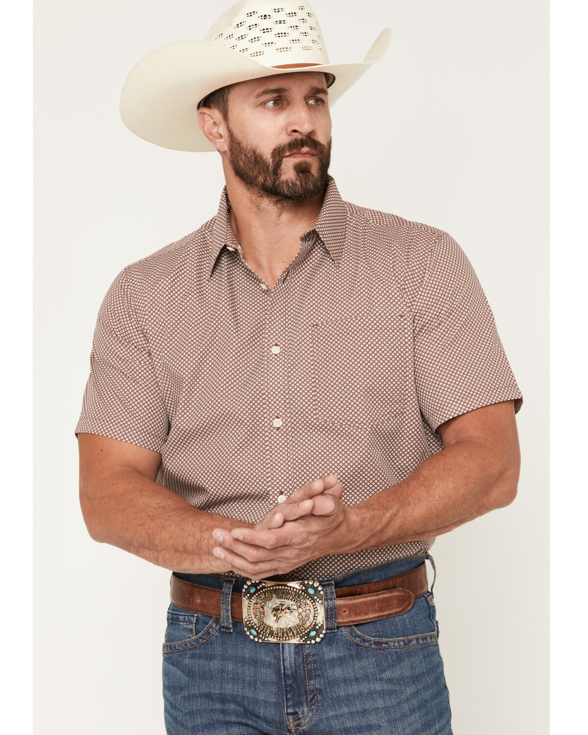 Gibson Trading Co Men's Kick Dust Geo Print Short Sleeve Button-Down Western Shirt - Tall, Burgundy, hi-res