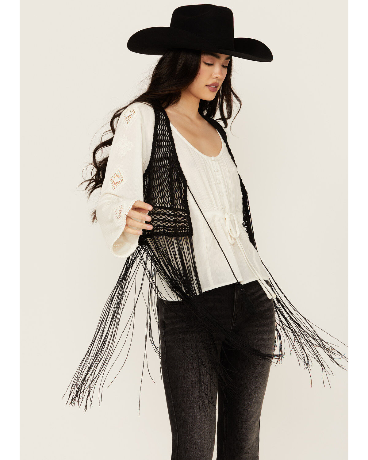 Idyllwind Women's Hawls Crochet Fringe Vest, Black, hi-res