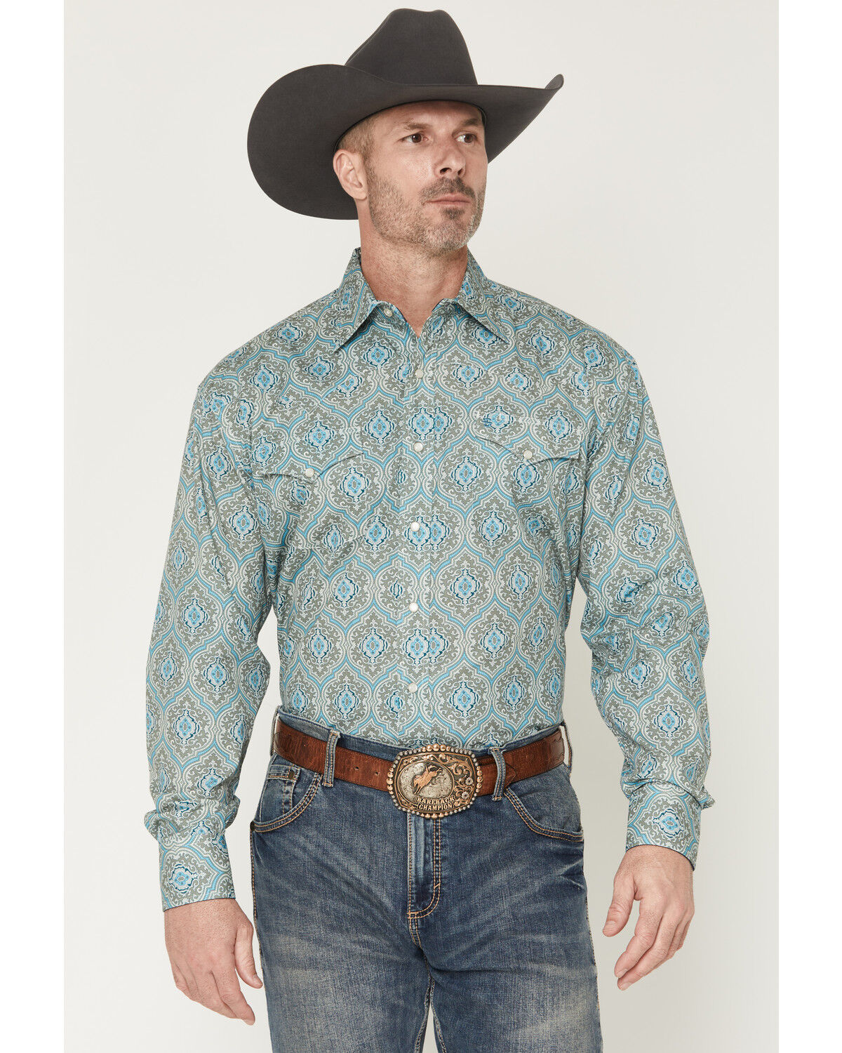 Image #1 - Stetson Men's Medallion Print Long Sleeve Snap Western Shirt, Blue, hi-res