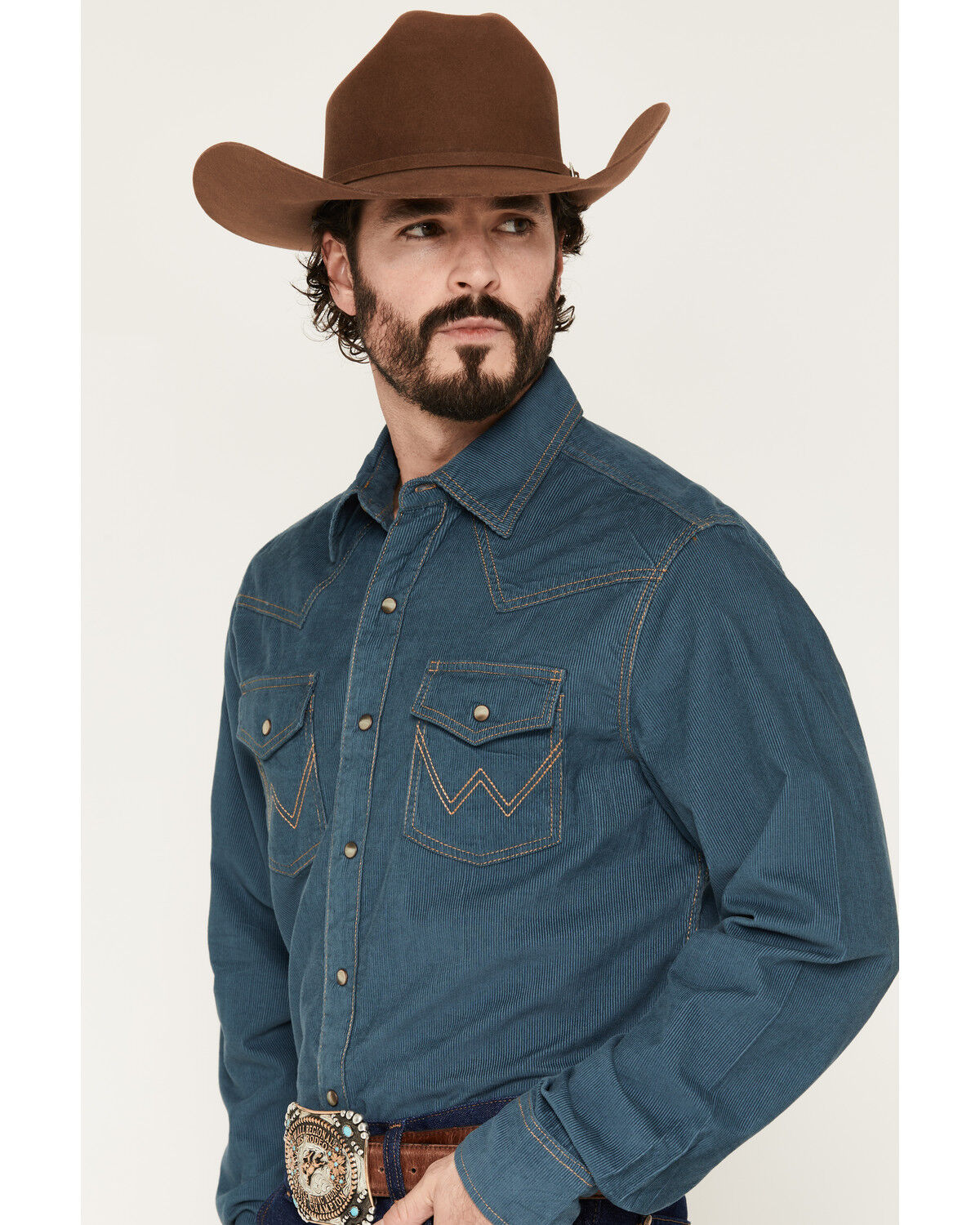 Image #2 - Wrangler Retro Men's Corduroy Solid Long Sleeve Snap Western Shirt, Indigo, hi-res